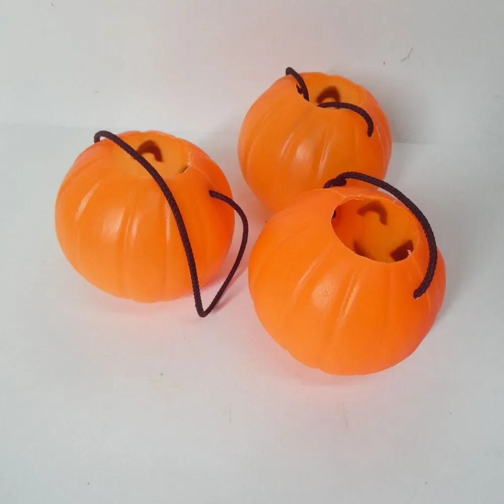 3 Mini Plastic Pumpkin Buckets Trick or Treat Halloween Jack o Lantern Blow Mold